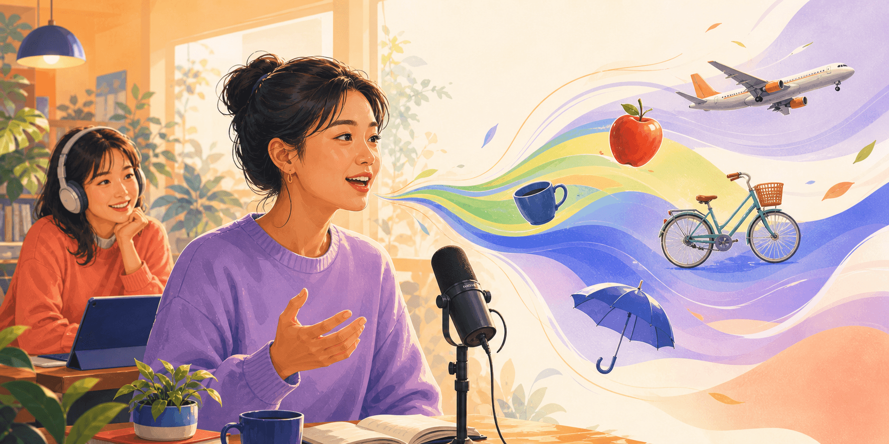 A learner speaking into a microphone while colourful words she has mastered flow out into the air
