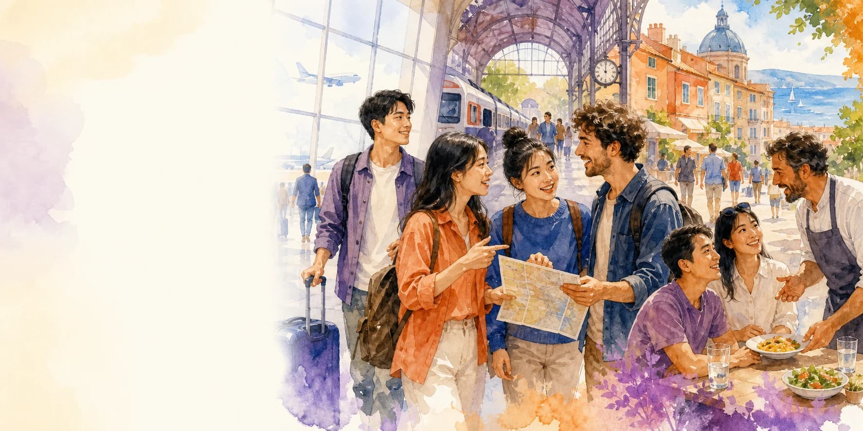 Asian travellers speaking with local people across an airport, train station and sunny coastal city