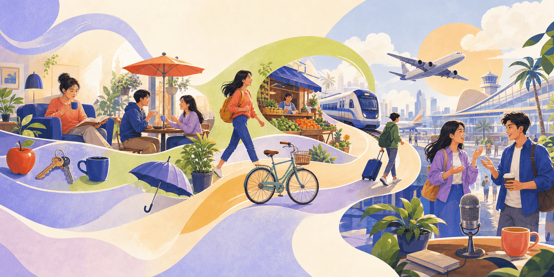 A learner's day flowing from home to a cafe, a market, a train and the airport, with everyday objects along the path