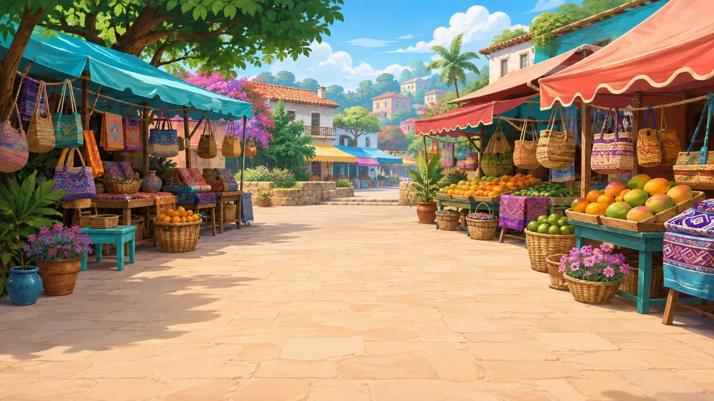 A vibrant cartoon market setting for real-life English conversation simulations