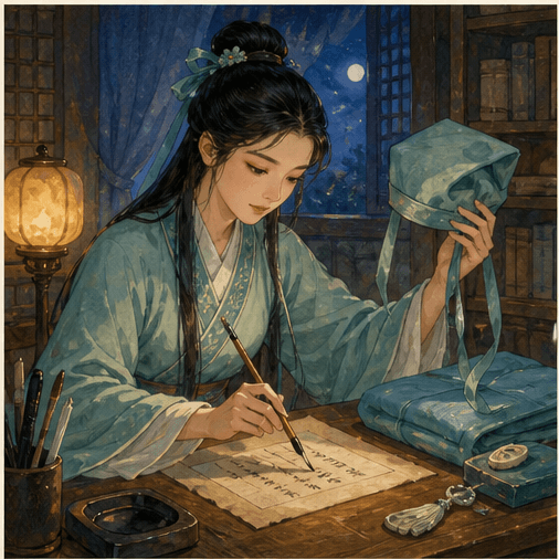 Zhu Yingtai speaking with her parents beside books in a moonlit Chinese home